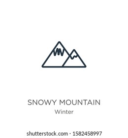 Snowy mountain icon. Thin linear snowy mountain outline icon isolated on white background from winter collection. Line vector sign, symbol for web and mobile