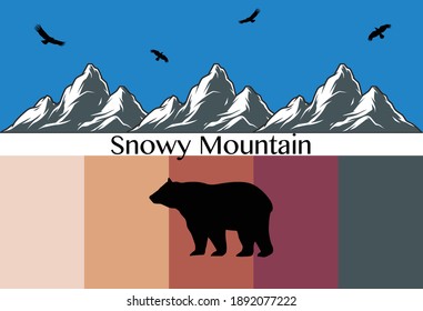Snowy Mountain Illustration with a Forest Bear and Flying Birds