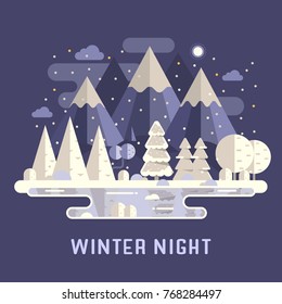 Snowy mountain lake forest landscape with peaks, wood and hills by winter night. Abstract snow nature scenery vector illustration in flat design. National park in the Alps wilderness background.