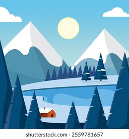 Snowy mountain lake with trees and cabin Vector