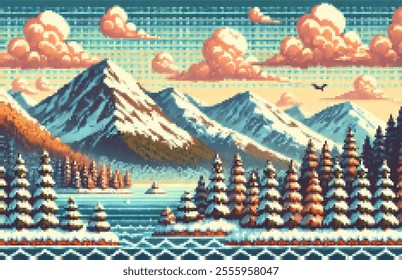 Snowy mountain landscape in 8-bit graphics style. In the foreground there are coniferous trees covered with snow and a lake with a small island. In the background you can see high snow-capped mountain