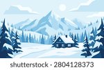 Snowy mountain landscape with cabin and pine trees, vector illustration.