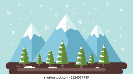 Snowy mountain landscape with evergreen pine forest in flat vector illustration for winter scenery, outdoor adventures, seasonal travel graphics, natural environments, alpine backgrounds and decorative projects.