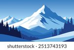 Snowy mountain landscape featuring tall trees blanketed in fresh snow under a clear blue sky flat vector illustration nature background