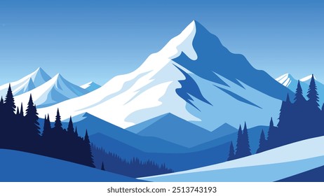 Snowy mountain landscape featuring tall trees blanketed in fresh snow under a clear blue sky flat vector illustration nature background