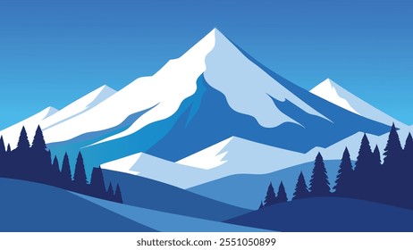 Snowy mountain landscape featuring tall trees blanketed in fresh snow under a clear blue sky flat vector illustration.