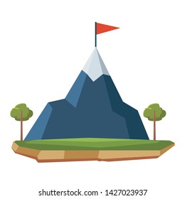 snowy mountain landscape with flag on top and trees around icon cartoon