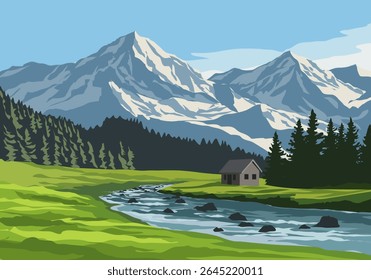 Snowy mountain landscape with forest, river and cabin