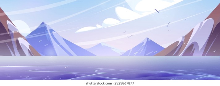 Snowy mountain landscape with ice on river. Vector cartoon illustration of frozen lake, birds flying in cloudy sky, glacier on rocky peaks. Scenic north pole view. Arctic winter background