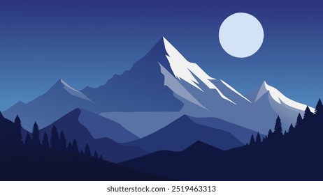 Snowy mountain landscape illuminated by a bright full moon in a clear night sky flat vector illustration