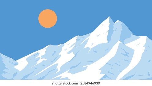 Snowy Mountain Landscape, mountain peak with sun, and blue sky