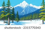 Snowy Mountain Landscape with Pine Trees Hand Drawn Painting Illustration