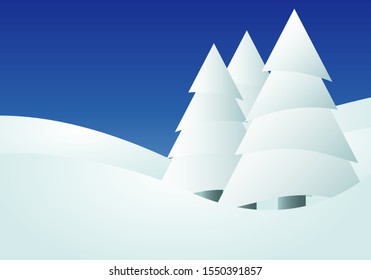 Snowy mountain landscape with pine trees.