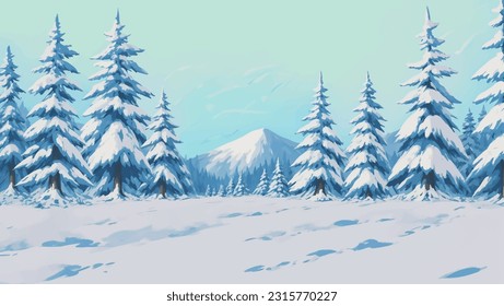 Snowy Mountain Landscape with Pine Trees Hand Drawn Painting Illustration