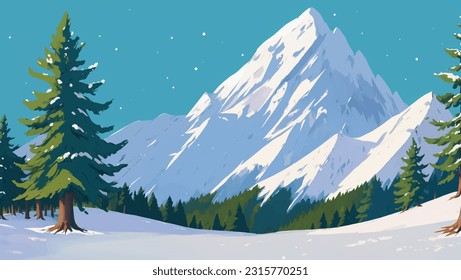 Snowy Mountain Landscape with Pine Trees Hand Drawn Painting Illustration