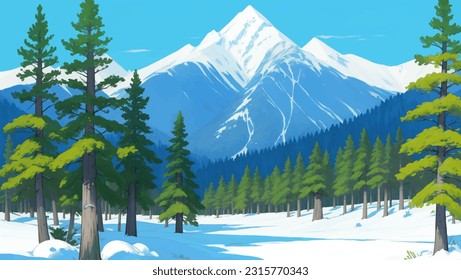 Snowy Mountain Landscape with Pine Trees Hand Drawn Painting Illustration