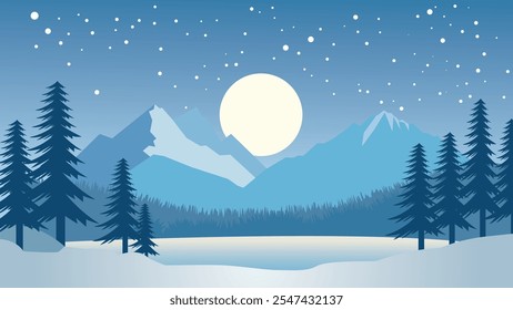 Snowy Mountain Landscape with Pine Trees Forest in Snow Winter Season and Full Moon in Night Sky