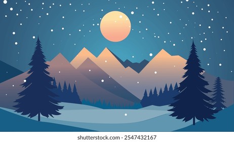 Snowy Mountain Landscape with Pine Trees Forest in Snow Winter Season and Full Moon in Night Sky