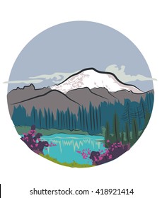 Snowy mountain landscape in spring with a lake , pine trees, flowers and clouds