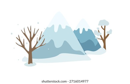 Schneebedeckte Berglandschaft, Vektorgrafik im flachen Cartoon-Stil. Winterberge mit Schnee, Bäumen und Hügeln. Winter Natur Clipart Illustration.