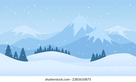 Schneebedeckte Berglandschaft, Vektorgrafik. Landschaft schneebedeckter Berge in der Wintersaison. Wintergebirgslandschaft auf Hintergrund, Bildschirmhintergrund oder Landungseite