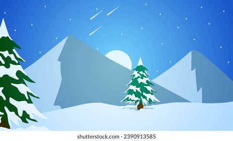 Ilustración vectorial del paisaje montañoso nevado. Escenario de montaña cubierta de nieve en invierno. Panorama de montaña invernal para ilustración, fondo o fondo