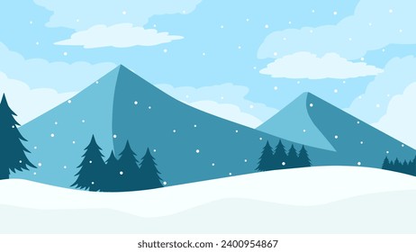 Snowy mountain landscape vector illustration. Scenery of snow covered mountain in cold season. Winter mountain landscape for background, wallpaper or illustration