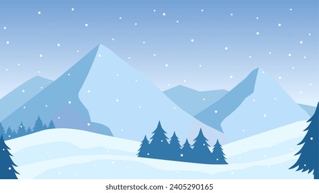 Snowy mountain landscape vector illustration. Scenery of landscape snow covered mountain in cold season. Winter mountain landscape for background, wallpaper or illustration