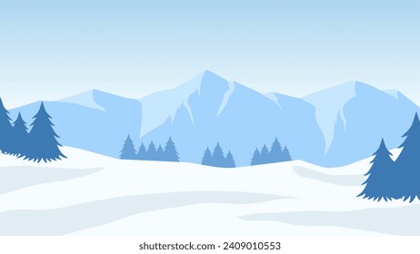 Snowy mountain landscape vector illustration. Scenery of landscape snow covered mountain in cold season. Winter mountain landscape for background, wallpaper or illustration