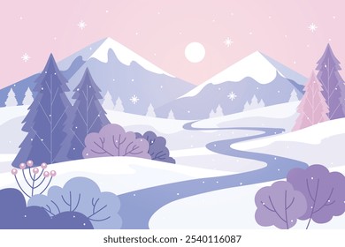 Snowy mountain landscape vector illustration. Scenery of landscape snow covered mountain in cold season. Winter mountain landscape for background, wallpaper or illustration