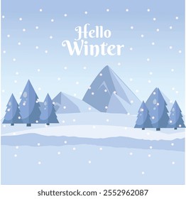 Snowy mountain landscape vector illustration. Scenery of landscape snow covered mountain in cold season. Winter mountain landscape for background, wallpaper or illustration