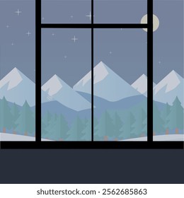 Snowy Mountain Landscape Window Scene Background.