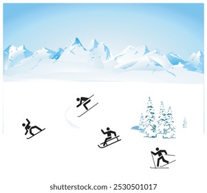 snowy mountain landscape with winter sports enthusiasts, illustration