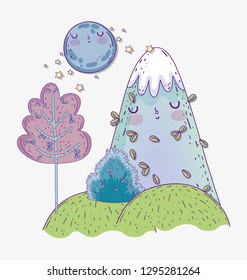 snowy mountain with nature tree and moon