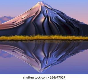 snowy mountain on a background of blue sky reflected in water