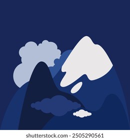 Snowy mountain peak against blue sky and clouds. Vector illustration.
