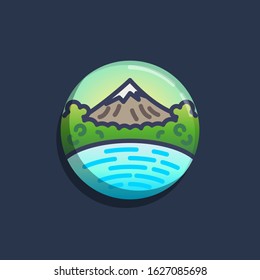 Snowy mountain peak and clouds flat icon. Round colorful button, Mountain landscape with pond circular vector sign. Flat style design
