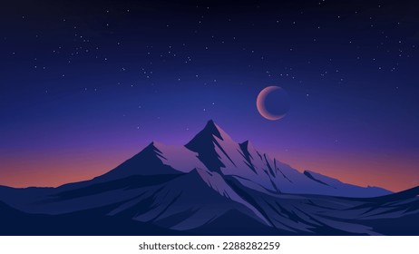 Snowy mountain peak in starry night. Amazing night sky over mountain