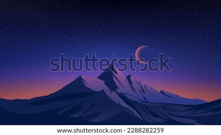 Snowy mountain peak in starry night. Amazing night sky over mountain