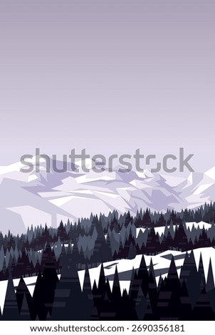 Snowy mountain peaks with pine forest poster - geometric low poly winter landscape vector illustration in purple and white tones with evergreen trees