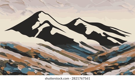 Snowy mountain peaks range landscape illustration with snow capped, mountain scape
