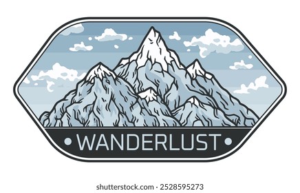 Schneebedeckte Berggipfel, die in einem Vintage-Emblem in den Himmel ragen und zu Abenteuern im Freien inspirieren. Wandern, wandern und klettern in dieser atemberaubenden Landschaft, die Freiheit und Inspiration umarmt