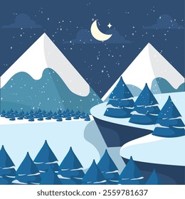 Snowy mountain peaks and trees under starlit sky Vector