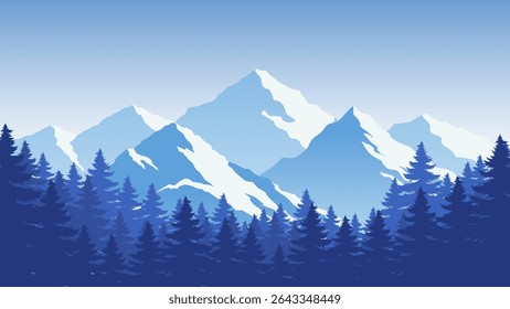 Snowy Mountain Range with Dense Pine Forest Vector Illustration, scenery snowy mountain peak at morning background