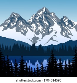 Snowy Mountain Range With Lake And Pine Trees