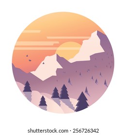 Snowy mountain range with sun.