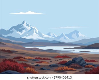 Snowy Mountain Range and Tundra Lake Minimalist Vector Background