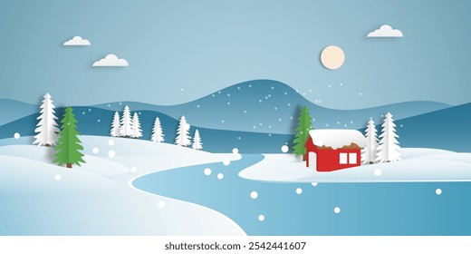 Snowy mountain river and hills winter landscape scenery paper cut style. 