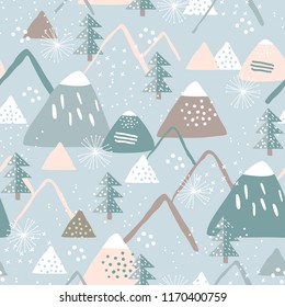 Snowy mountain seamless pattern. Perfect for cards, invitations, wallpaper, banners, kindergarten, baby shower, children room decoration. Scandinavian landscape.