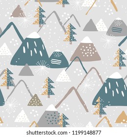 Snowy mountain seamless pattern. Perfect for cards, invitations, wallpaper, banners, kindergarten, baby shower, children room decoration. Scandinavian landscape.